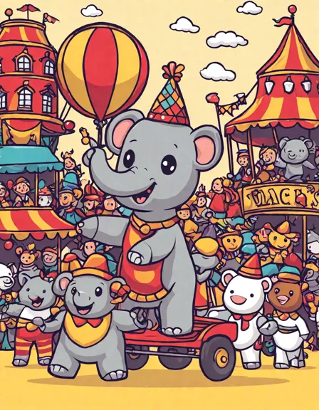 coloring page of circus parade through town with elephants, clowns on unicycles, and horses pulling wagons in color