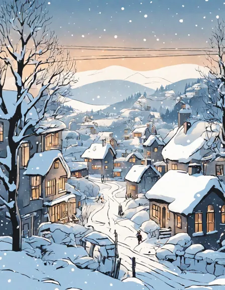 enchanting snow-kissed village coloring page with intricate details and warm lights emanating from windows in color