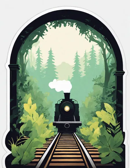 Coloring book image of misty forest with overgrown, rusty tracks and an old steam locomotive silhouette hinting at lost civilizations in color