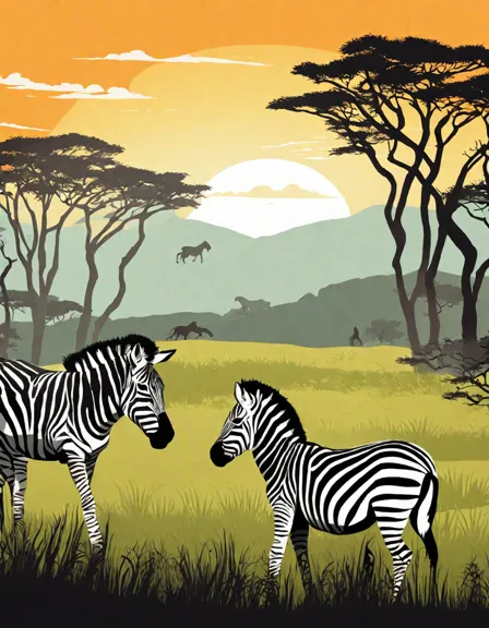 coloring book page featuring zebras crossing grasslands with acacia trees in the background in color