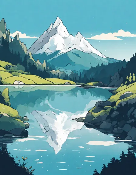 Coloring book image of majestic mountain range mirrored in the calm lake below in color