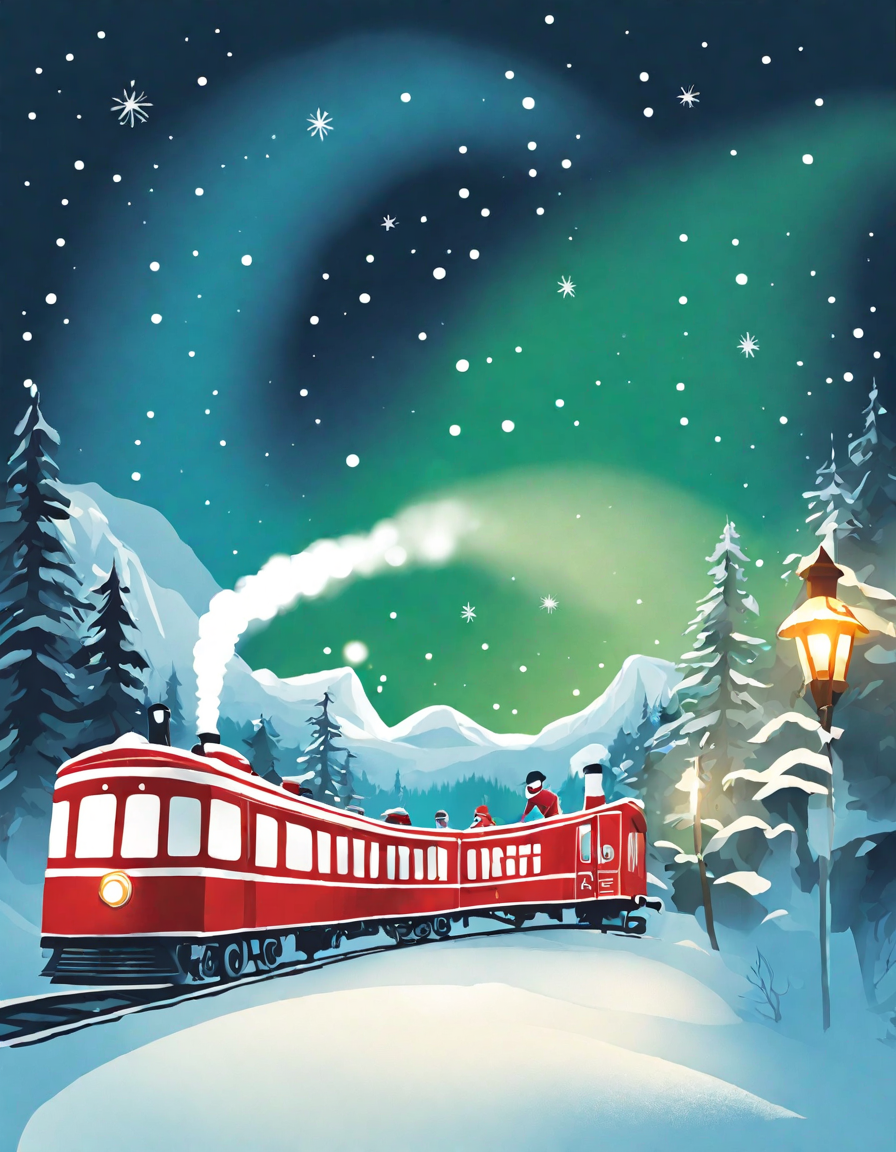 Coloring book image of polar express train journey through snow with northern lights and children in pajamas in color
