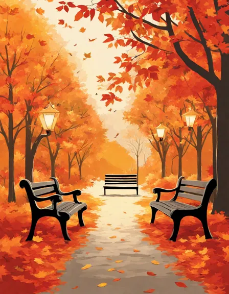 coloring book page of an autumn park scene with leaves falling around a bench in color