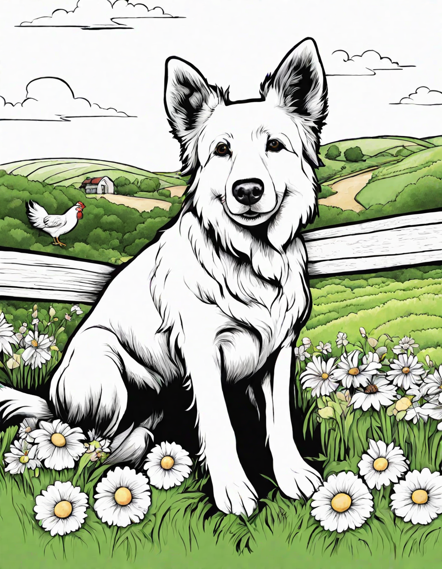 coloring book page of a loyal dog watching over a farmyard with chickens and flowers in color