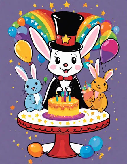 coloring page of a magical birthday magician performance with kids, balloons, and a cake in color