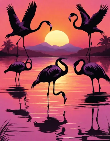 flock of flamingos dancing at sunset on a lake in a coloring book scene in color