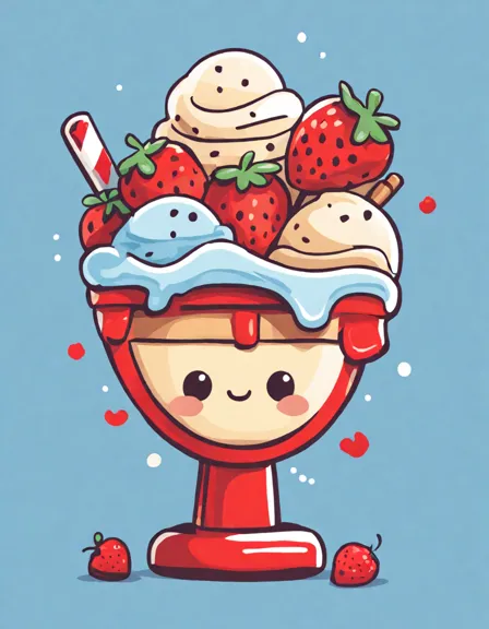Coloring book image of cherry on top delight ice cream sundae with vanilla, chocolate, strawberry flavors, drizzled with syrup in color