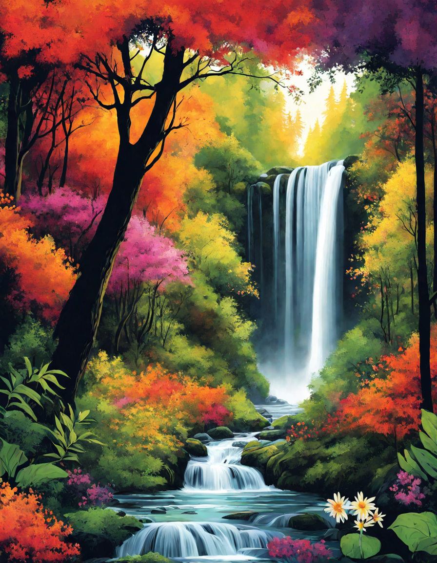 tranquil forest coloring page with lush trees, waterfalls, and wildflowers in color