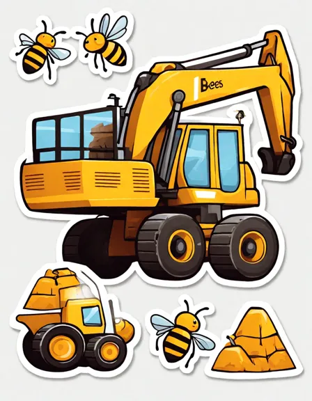 coloring page of animated bees operating construction vehicles at a site, promoting safety and teamwork in color