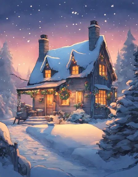 snow-covered cottage with warm glowing windows and smoke from chimney, inviting warmth and tranquility in a winter wonderland coloring page in color