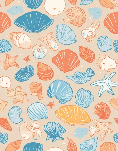 seashell collection by the shore coloring page with patterned shells on beach and gentle waves in color