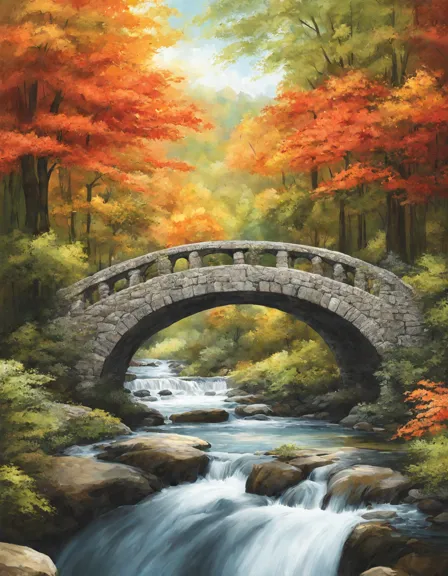 tranquil countryside coloring page with a winding stone bridge over a babbling brook, surrounded by towering trees in color