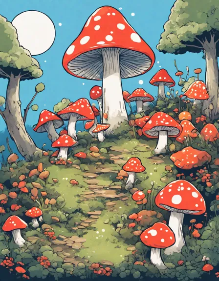 coloring page of an enchanted forest with magical fairy circles and vibrant mushrooms in color