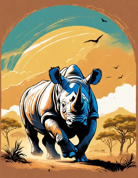 coloring book page featuring a charging rhino at the zoo with visitors on a platform in color