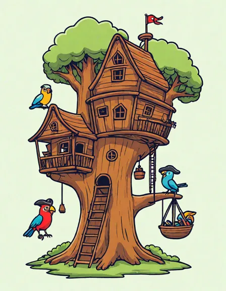 coloring page of pirate ship treehouse adventure with treasures and animals in an oak tree in color