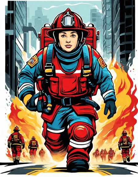 coloring book page of firefighters in gear rushing in fire truck to an emergency in color