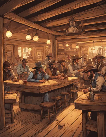 coloring book image of cowboys and bandits in a showdown at the dusty bottle saloon in color