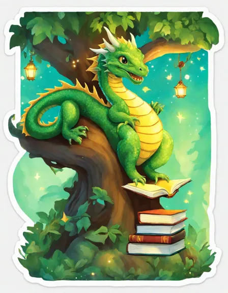 Coloring book image of friendly dragons in a mystical forest library with twinkling lights, reading and sharing magical books in color