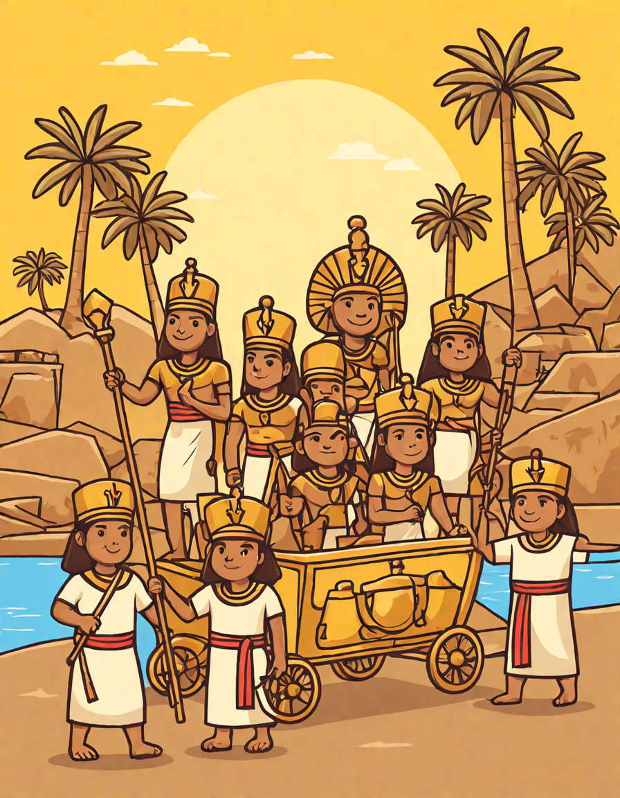 coloring book image of an ancient egyptian pharaoh procession along the nile, featuring priests, soldiers, and citizens in color