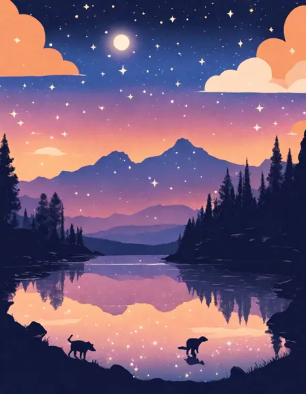 coloring book page of a meteor shower over mountains and a lake; perfect for astronomy and nature enthusiasts in color