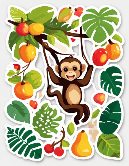 capuchin monkeys swinging in the rainforest canopy for a coloring book scene in color