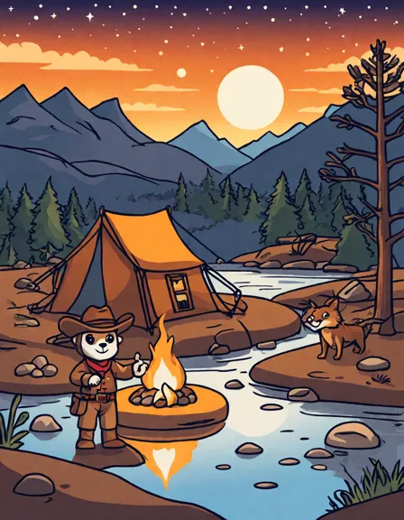 Coloring book image of prospectors' camp scene with cowboys panning for gold by a river under a starry sky in color