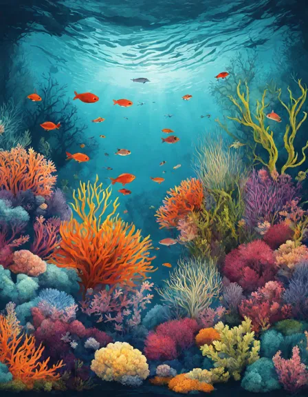 Coloring book image of colorful underwater garden with a variety of seaweeds, corals, and sea creatures in color