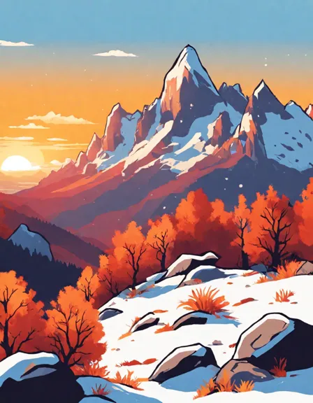Coloring book image of breathtaking dawn over majestic rocky peaks, casting dramatic shadows across rugged landscape in color