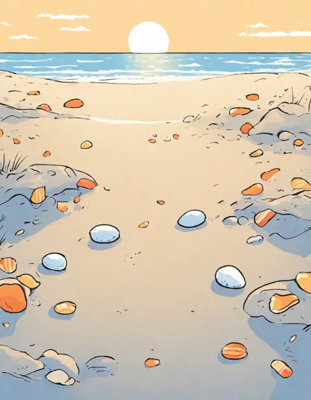 coloring page of footprints and seashells along the shore at sunset in color
