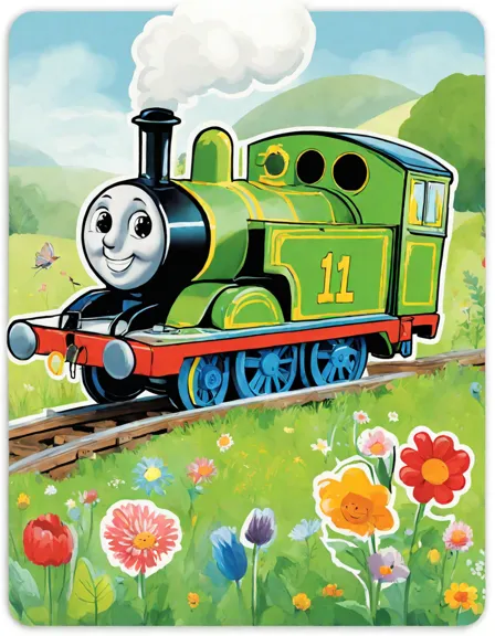 henry the green engine stands face-to-face with a friendly monster in a vibrant meadow, ready for a whimsical coloring adventure in color