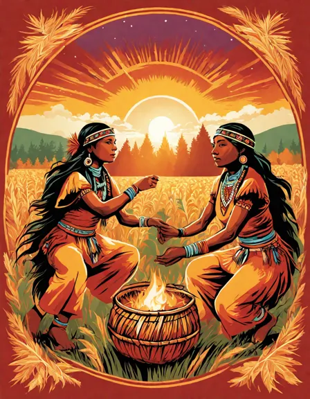 native american corn harvest celebration coloring page, husking corn, weaving, dancing in color