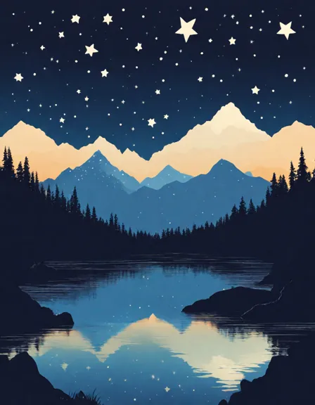 Coloring book image of serene night sky over majestic mountains with twinkling stars in color