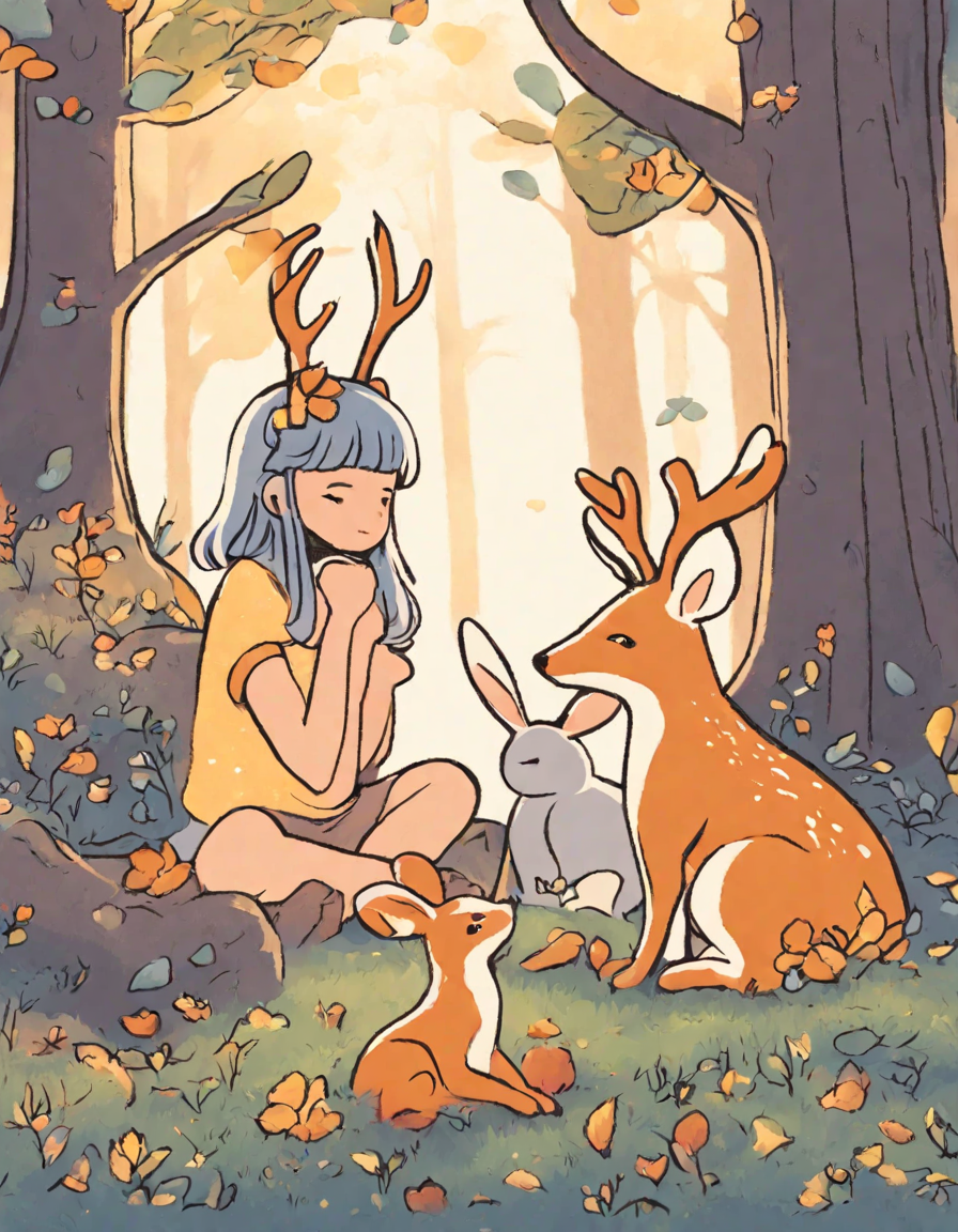 Coloring book image of enchanted forest dawn yoga with diverse people, deer, rabbits, and birds in serene harmony, inviting meditation and nature connection in color