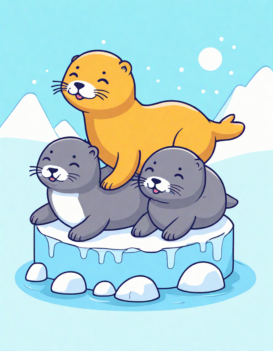 Coloring book image of adorable seal pups frolic in the arctic, basking in the sun and interacting playfully in color