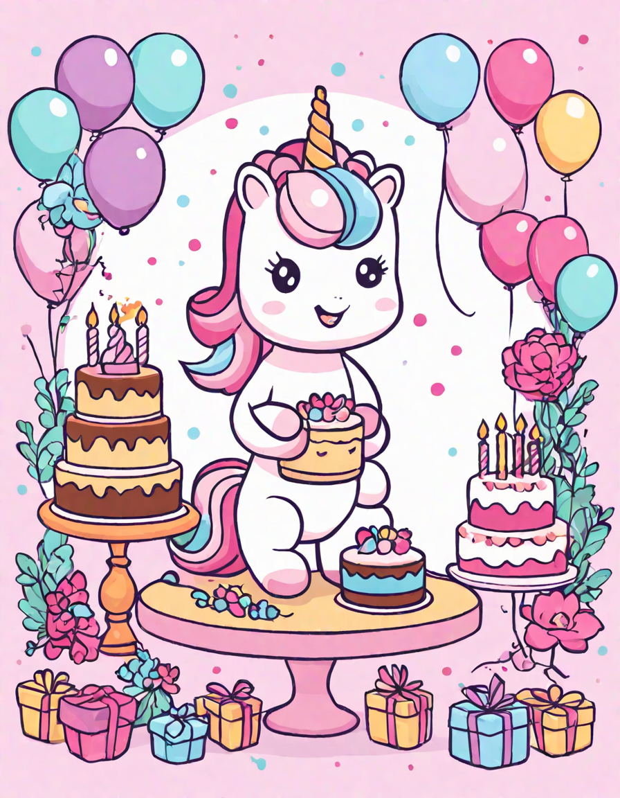 Coloring book image of children around a birthday table with a unicorn and fairy lights in a magical garden in color