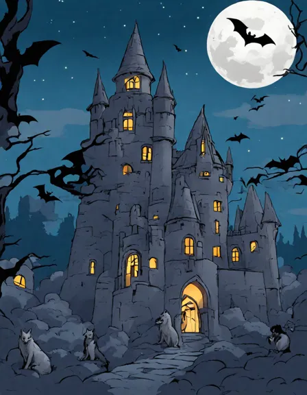 gothic creatures of the night coloring page with bats, gargoyles, werewolves, and vampires in a moonlit scene in color