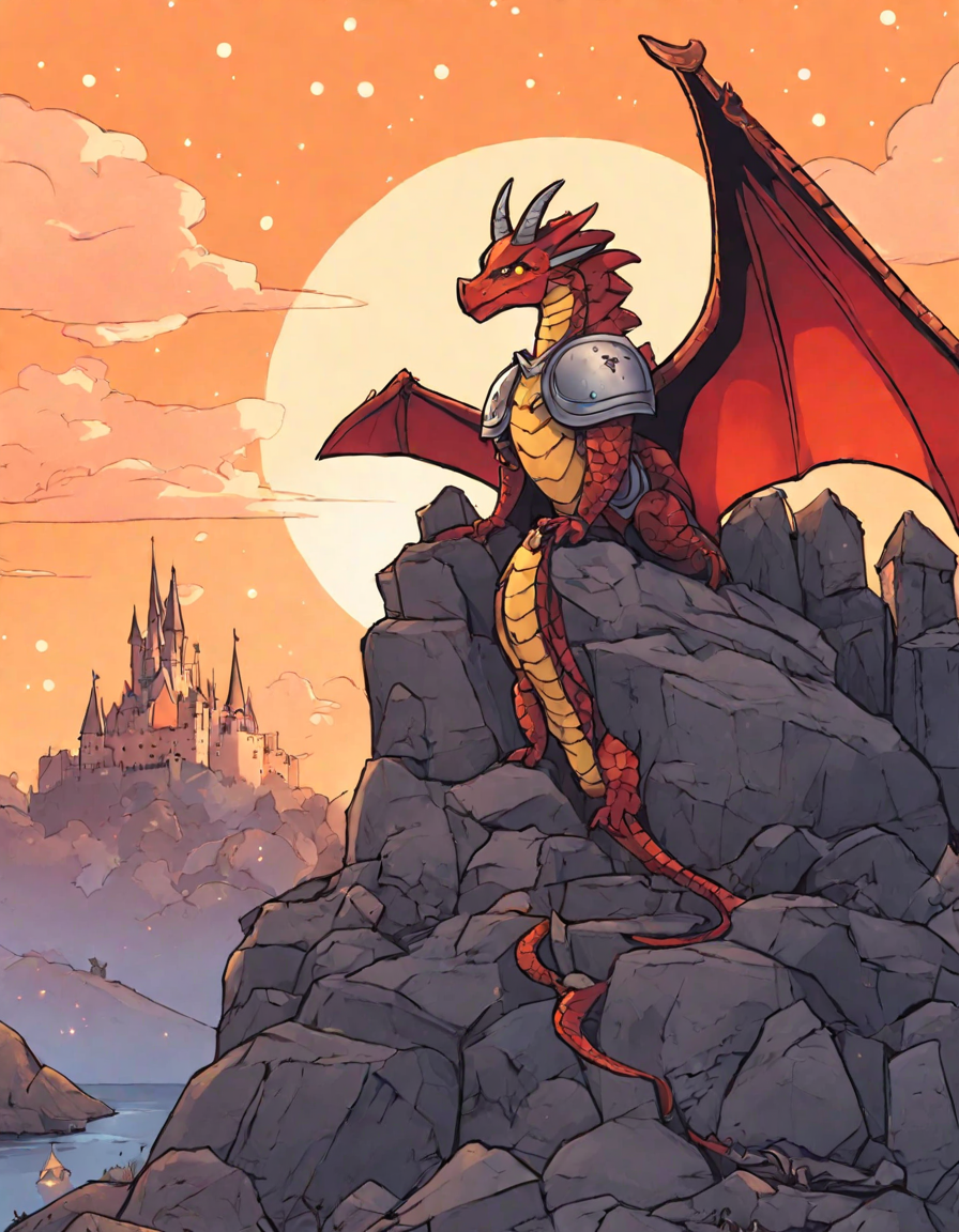 dragon king breathing fire at knight with castle backdrop in a coloring book page in color