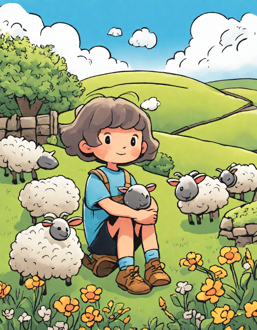 baa baa black sheep coloring page featuring the sheep with wool bags in a flowery meadow in color