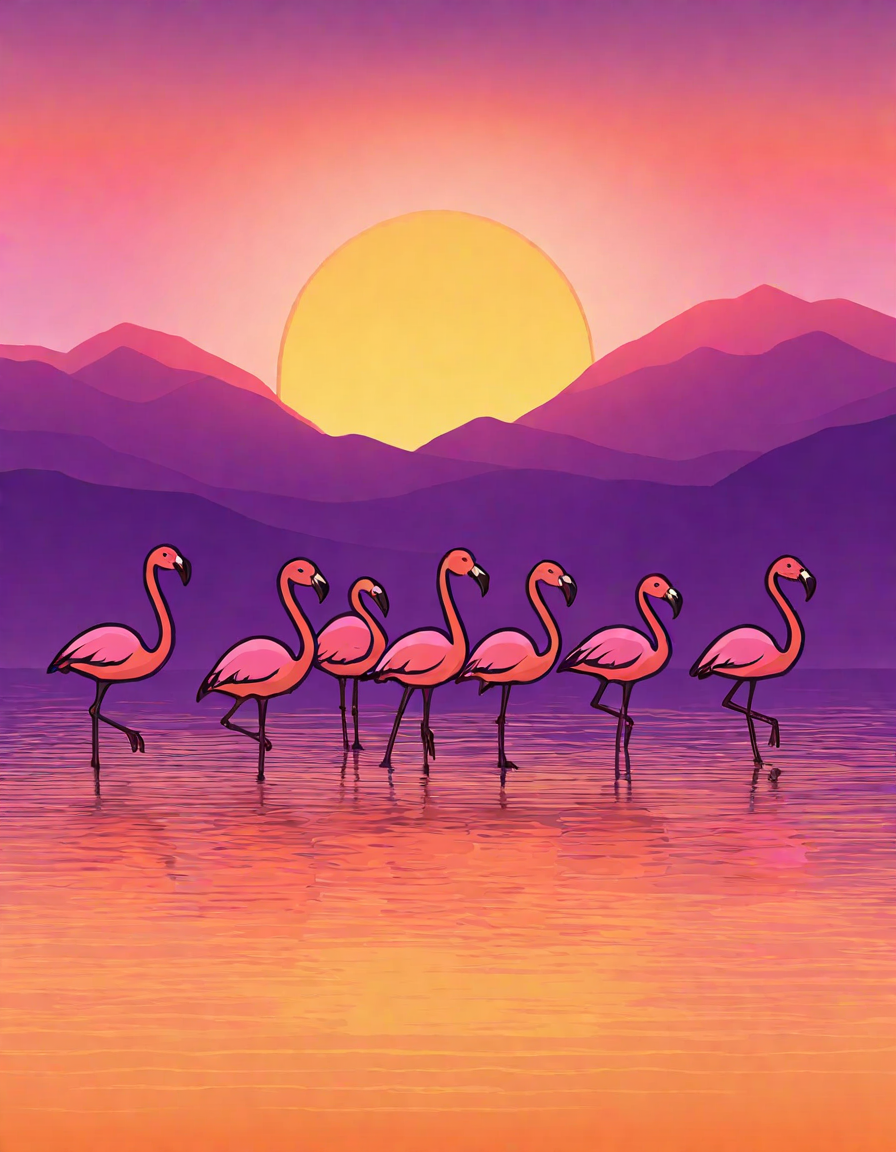 Coloring book image of flamingo flock at sunset with vibrant feathers and reflections on water in color