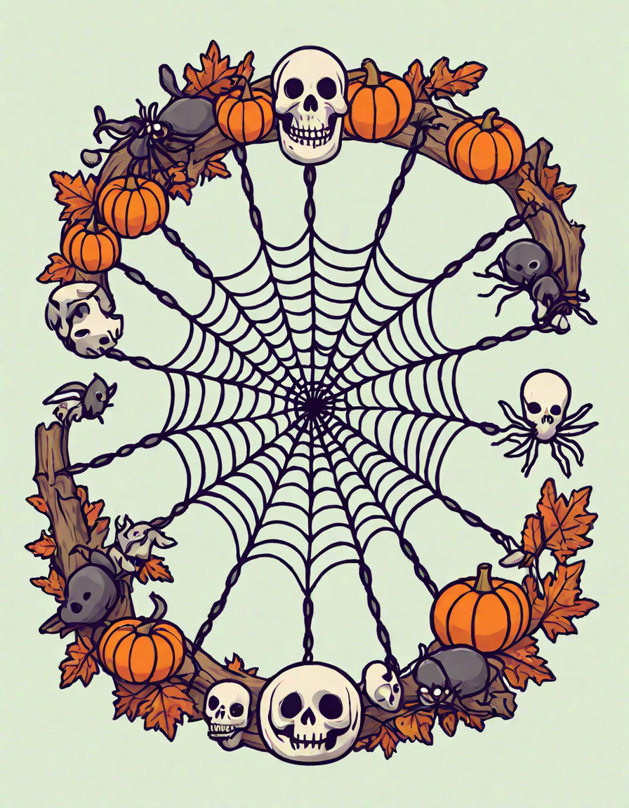 detailed coloring page featuring a variety of spooky spiders and webs under a full moon in a shadowy forest in color