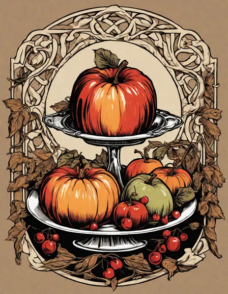 intricate coloring book page showcasing the beauty of apple, pumpkin, and cherry pies with latticework, swirling crusts, and flaky layers in color