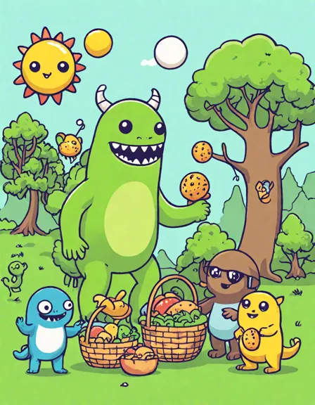 Coloring book image of monsters enjoying a picnic with spooky snacks in a green park on a sunny day in color