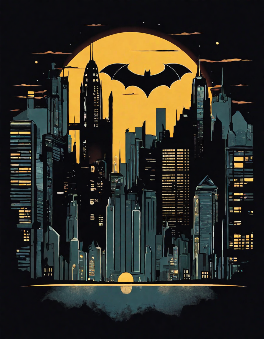 Coloring book image of iconic bat-signal illuminating gotham city skyline in color