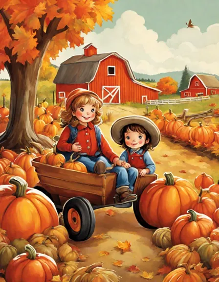 coloring book page of a pumpkin patch with a red barn, scarecrow, and hay wagon, embodying autumn charm in color
