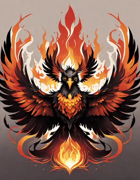 phoenix rising from ashes in a coloring book, intricate flames surround its fiery form, symbolizing life's cyclical nature in color