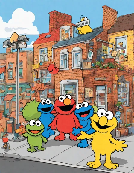 whimsical coloring page featuring elmo and friends exploring sesame street's vibrant streets in color