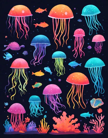 Coloring book image of magical bioluminescent underwater city features glowing jellyfish, anglerfish lures, and vibrant coral reefs in color