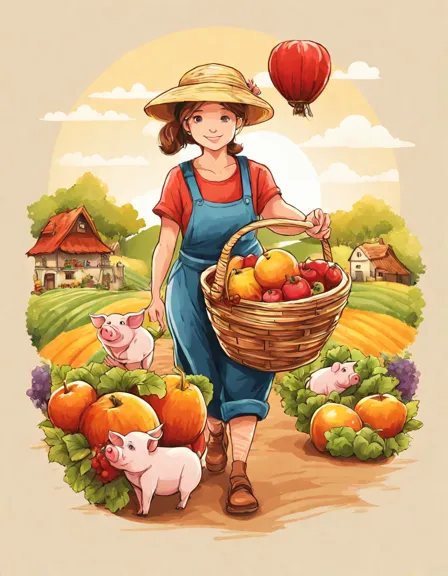 coloring book page featuring a cheerful piggy in farmer's outfit heading to a bustling market in color
