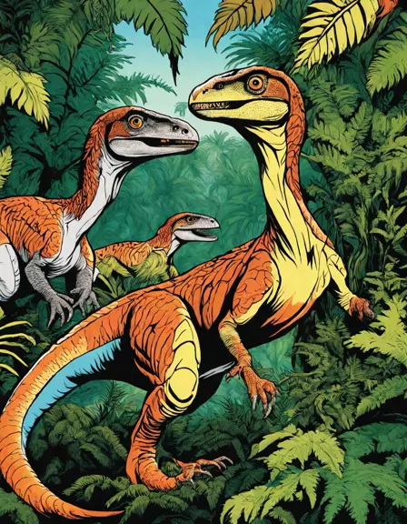 illustration of velociraptors hunting in a detailed jungle on a coloring page in color