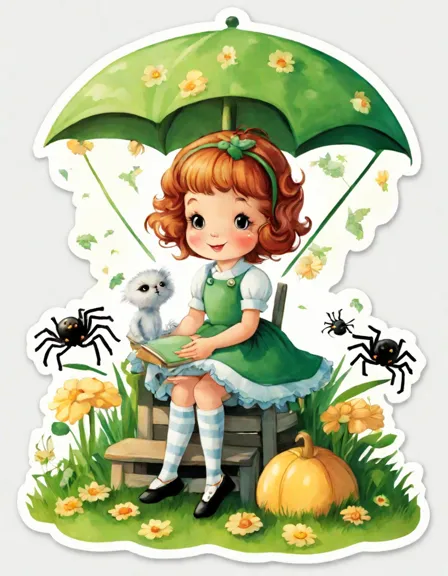 little miss muffet coloring page with a spider descending on a web, surrounded by green grass and flowers in color